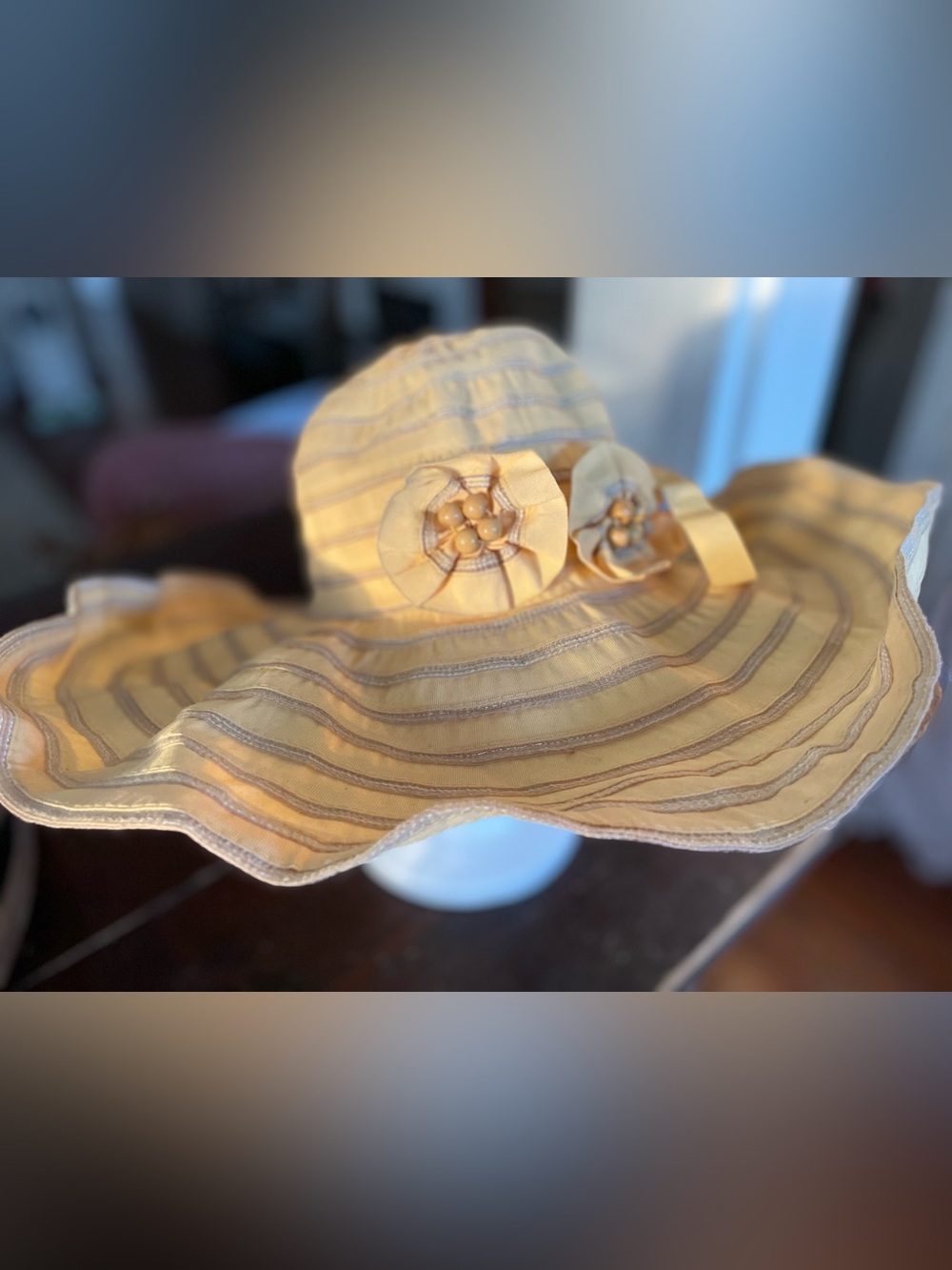 Women's Yellow Striped Sun Hat with Floral Accents
